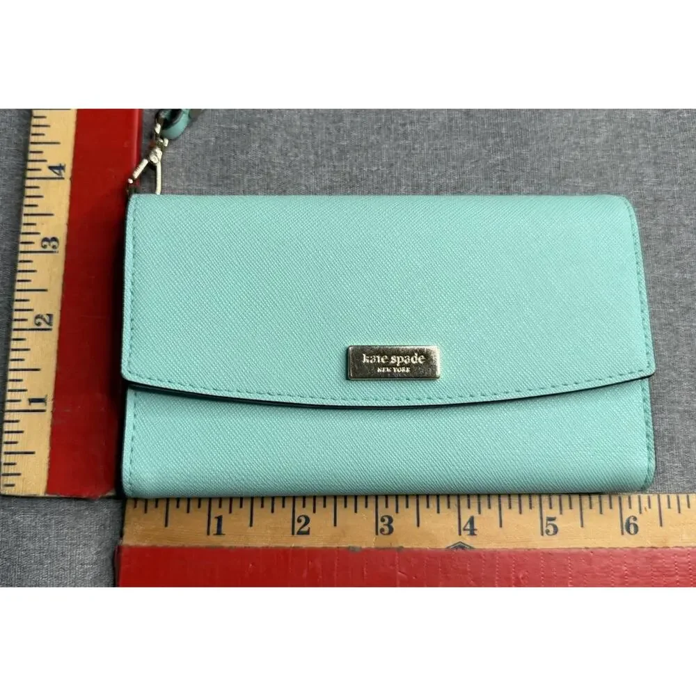 Kate Spade Teal Light Blue Leather Credit Card ID Window Trifold Wristlet Coin